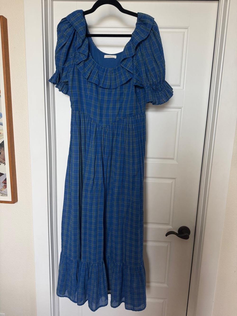 Doen Blue Plaid Maxi Dress with Ruffle Neckline